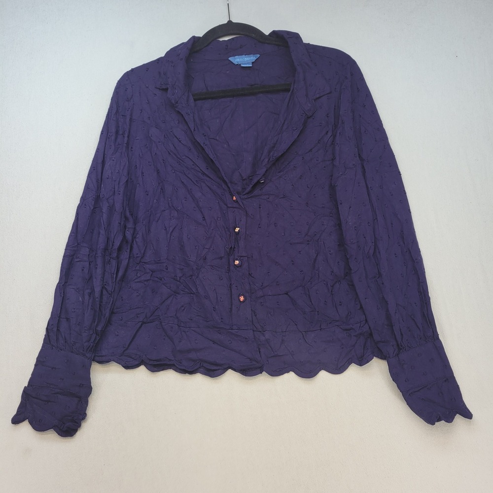 April Cornell Blouse Women XXS Purple Button Down Scalloped Hem Button Down